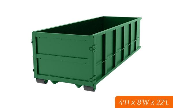 the 20 yard dumpsters measure 20 feet in length, 8 feet in width, and 5 feet in height